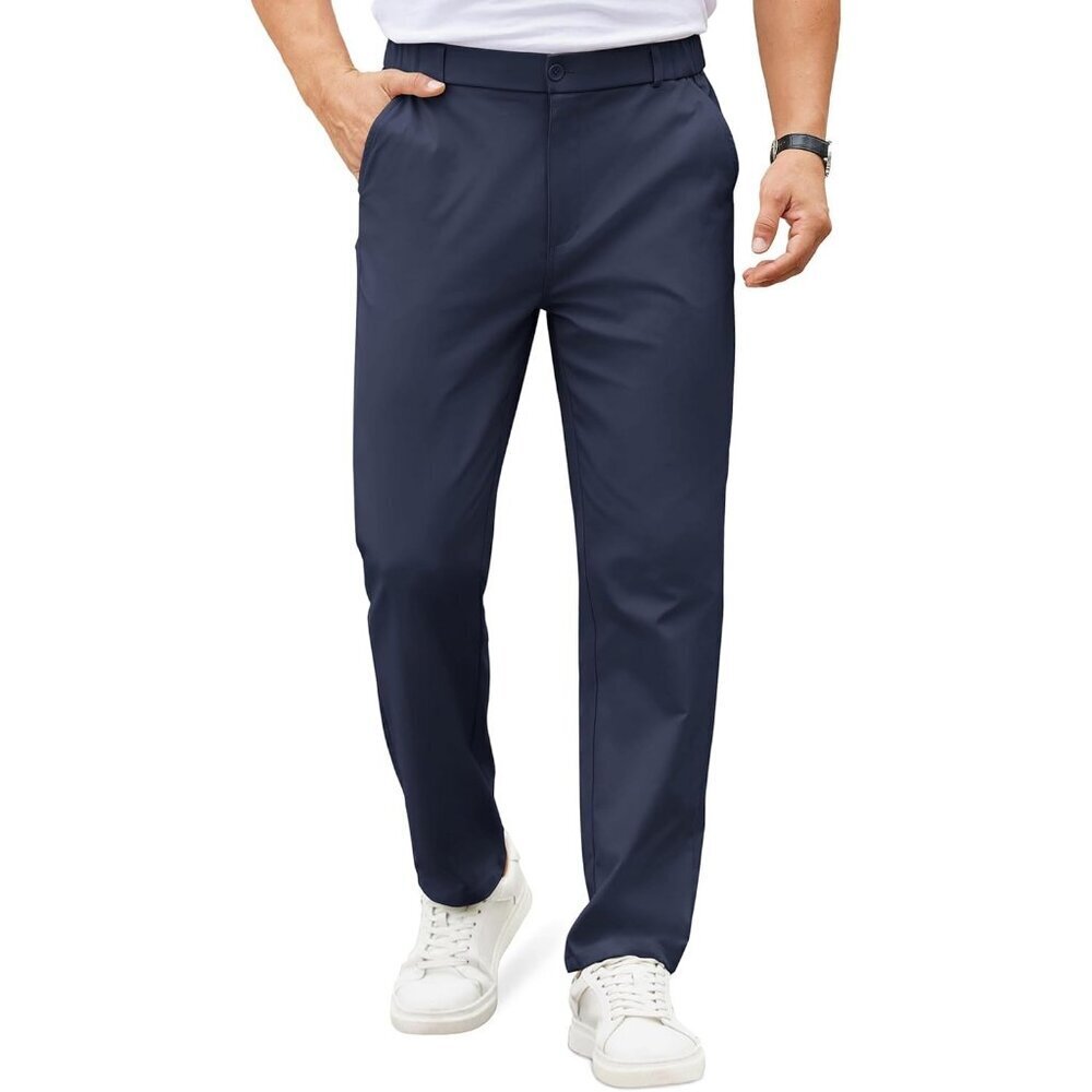 Coofandy Men Navy Blue Elastic Waist Business Dress Pants with Pockets